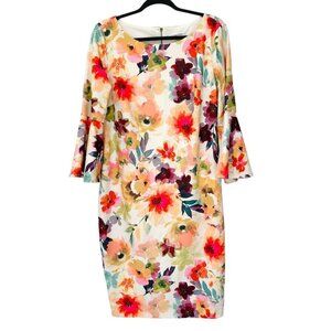 Calvin Klein Floral Dress Size 14 Sheath Bell Sleeves Cottage Garden Party